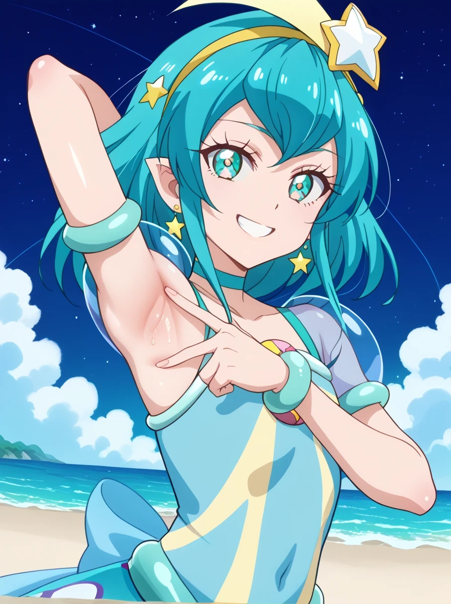 curemilky, anime screencap, shiny skin, high quality, solo, night sky, beach, spread armpit, armpit, armpit focus, (contrapposto), closed mouth, cowboy shot, looking at viewer, smile, best quality, grin