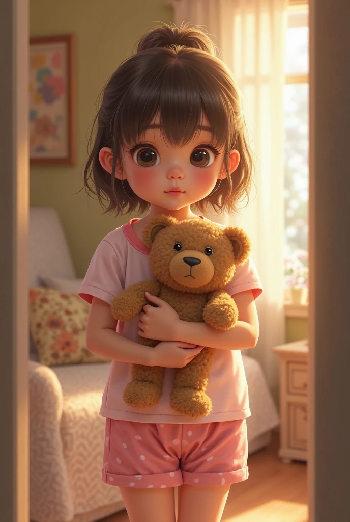 teen girl but wants to be a boy, he has short hair, a bear that is cranbearry color, hideing, wants to be safe, has brown hair