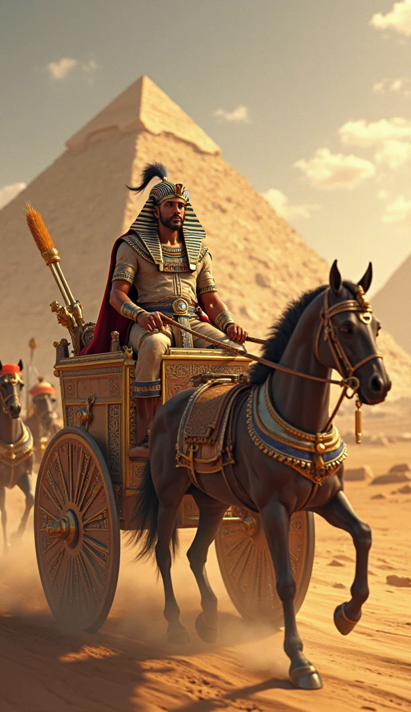 Bald pharaoh with large eyebrows and no beard riding a chariot pulled by horses