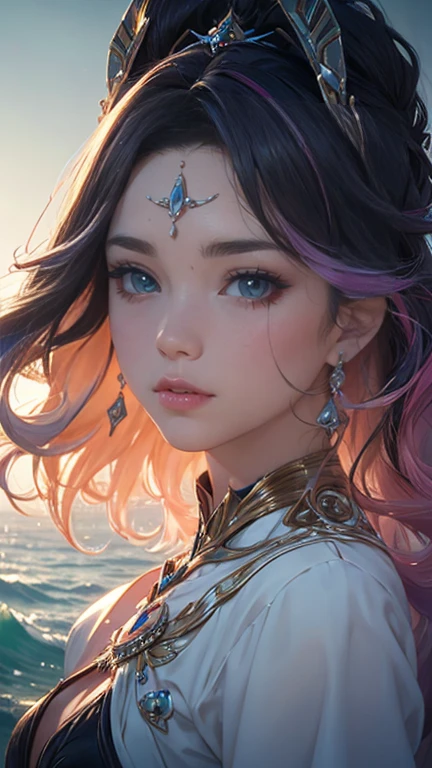 (masterpiece)、(highest quality)、((Super detailed))、(super delicate)、cute、Pastel colors hair、beautiful breasts、Gorgeous、fantastic sea of light、Gold, silver, and purple costumes, detailed face, detailed eyes, detailed skin