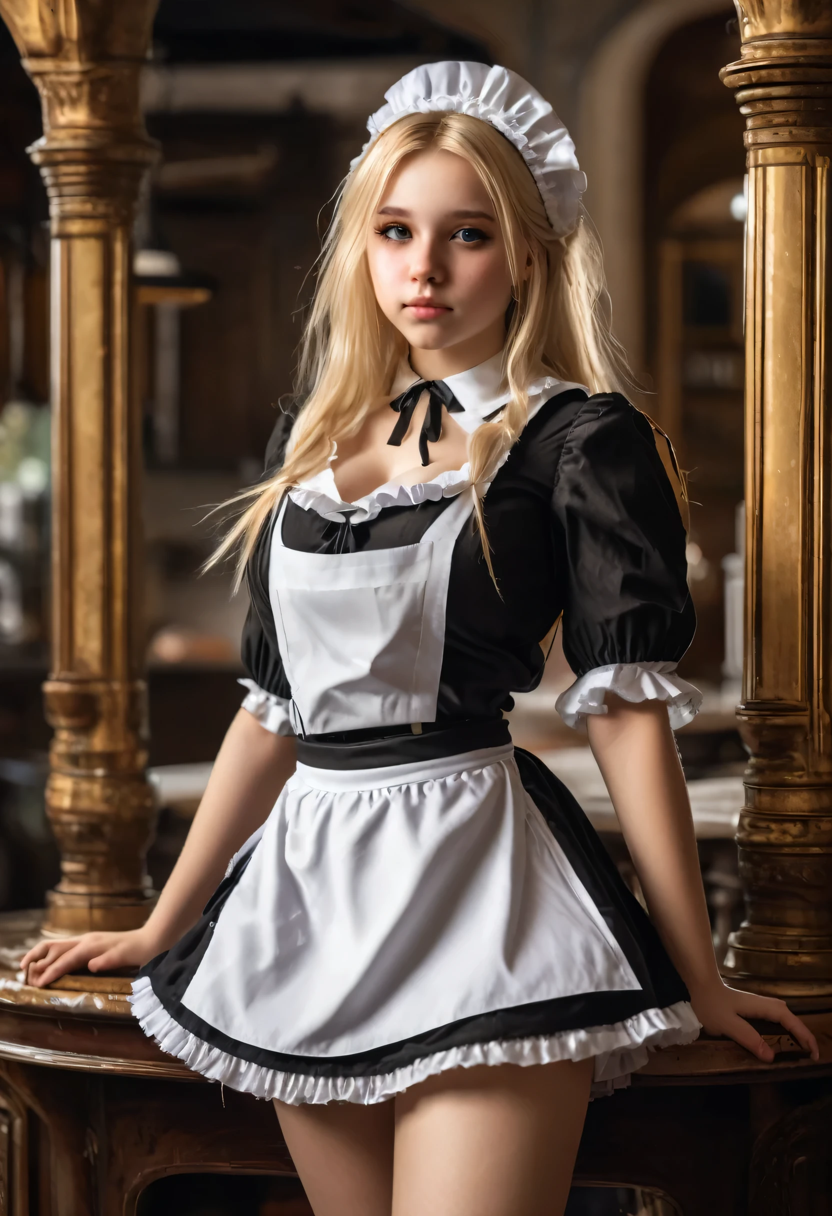 14-year-old girl in maid outfit with big breasts (Gothic style) torn skirt golden body proportion messy blond hair (inner splayed feet) (very detailed CG unity 8k wallpaper) big breasts torn skirt ruddy and shy Ed Blinkey America's most beautiful body art, ATey Ghailan, painting by Jeremy Professional Gorgeous Mann, Greg Manches, Antonio Moro, Artstation Trends, CGSOC IETY TRENDS, intricate, tall detailed, accurate, dramatic realism art, cg, 3d, 8k 4k