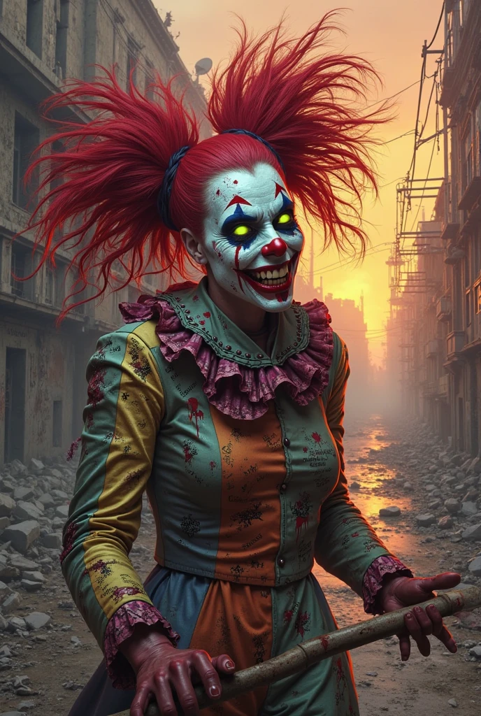 "A highly detailed and intense depiction of a terrifying full-body-shot and dramatically captured in ultra-detailed 8k wallpaper, showcasing intricate complexity, HDR, shallow depth of field, backlights, bloom, light sparkles, Chromatic aberration." a psycho woman clown, dark clown costume blood, glowing eyes, holding a rusty big bat, dirty with blood, full body, motion blur, full moon night, raining, sexy and evil woman clown