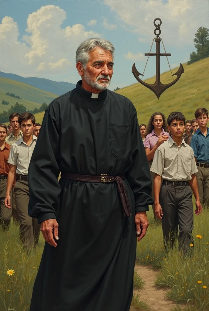 José de Calasanz with small white beard walking with children around