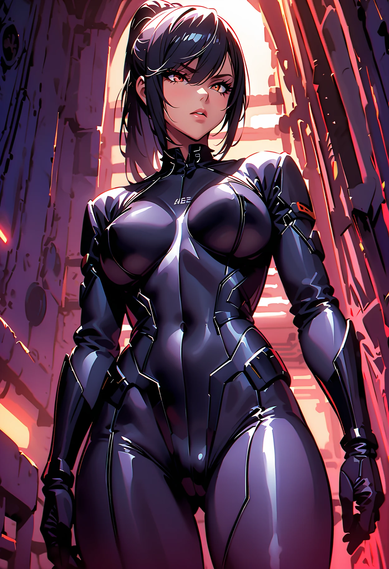 (masterpiece, best quality, detailed), 1girl, solo, mikaboin, tan, looking at viewer,
<lora:StealthTech:1>, stealthtech, cutting edge, scifi, bodysuit, shoulder armor, interface headset, sleek angular, outdoors, alley, industrial pipe, building, urban, power lines, cloudy sky, sign, dark, night, contrapposto, smirk