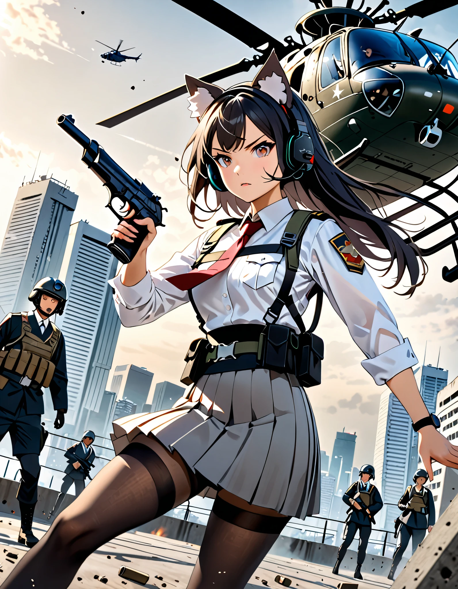 (masterpiece), (best quality), (high res), high details, 4k, 8k, solo focus, 1girl, female samurai, Japanese military officer, (cat ears:1.1, animal ears, fluffy ears:1.2), college-aged female, long hair, black hair, tactical headset, hair ornament, white-collared shirt, red necktie, shoulder holster, full dark grey tights, light grey skirt, pleated skirt, black shorts, biker shorts, (ankle-high high heel boots), (dual weilding beretta 92fs pistols), aggressive battle stance, Tokyo skyline, wharf, (a military helicopter hovering above:1.2), concrete ground riddle with bullet holes, dutch angle, intense atmosphere, intense expression. Action shot. (fix hands:1.2).