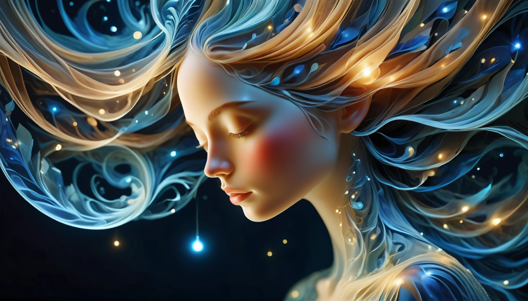 Imagine a glass woman, Her delicate figure is like a piece of art, Weeping under the stars. The blue night hues envelop her, A melancholic glow shrouds her ethereal figure. Her glass Body Glowing s with bright blue hues, Every line and curve is engraved with intricate details . The glass in her eyes reflects the twinkling stars , reflecting the infinite depth and emotion of the universe . Her sorrow is beyond words, But her beautiful figure remains unaffected, Proof of the extraordinary power of emotion. This 4K glass woman is a beautiful painting with intertwined light and shadow, color, and feel, arrive, Body Glowing ,Glowing Line,Fluorescence,Glowing Example, Tracking Example ,flash,萤light particles,backlight,translucent,light particles, Correct human anatomy ,