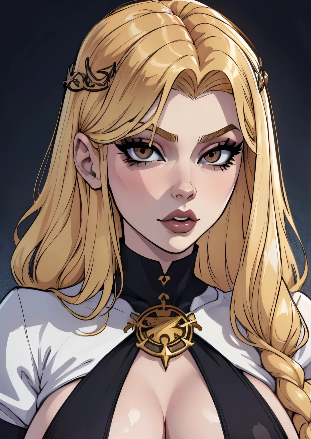 masterpiece, best quality, 1female, beautiful, face portrait, 1girl, face focus, deep makeup, goth, cell shading, straight hair, long hair, QueenMarika_nsfw_aiwaifu, golden hair, pale skin, aiwaifu, blonde hair