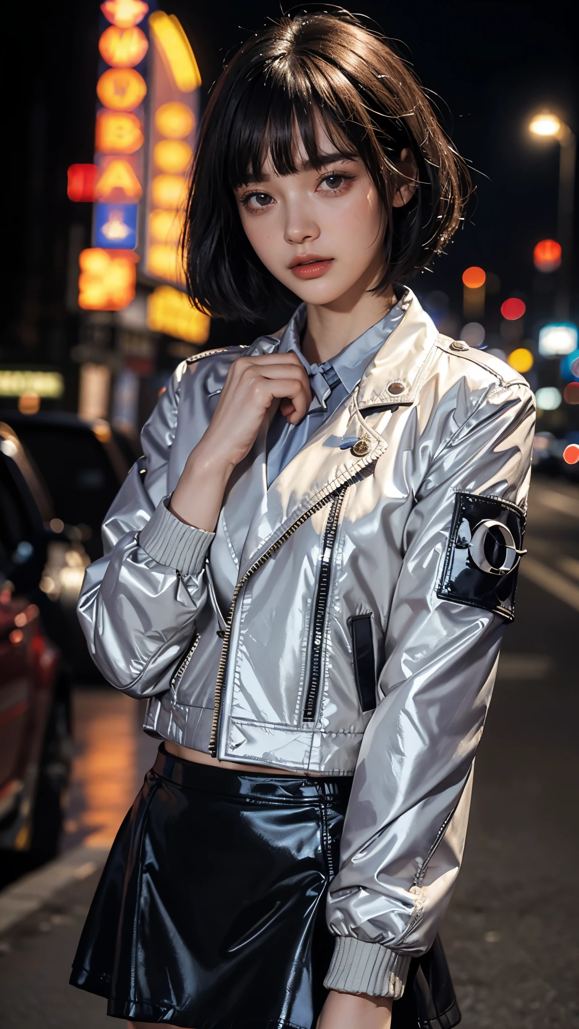 tmasterpiece,best qualityer,1girl,独奏,jaket,Hand in pocket,校服,serafuku,Stockings,bookbag,Black hair,黑The eye,cyber punk perssonage,the street,Machinary,the motorcycle,in a panoramic view,shelmet,speed-line,motionblur,depth of fields,ssee-through,in a panoramic view,Riding,Floating hair,the night,neon trim,Larger bust