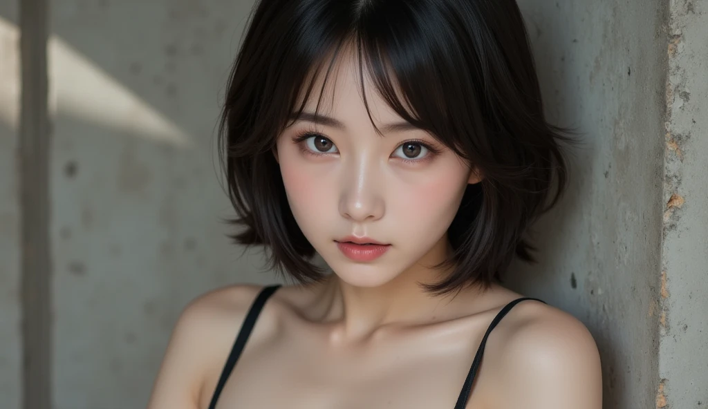 filmg, film portrait photography, 1girl, bare shoulders, black hair with bob cut, calm, gentle, (realistic detailed eyes, natural skin texture, realistic face details), soft dramatic lighting, depth of field, bokeh, vivid details, detail, ultra-realistic, 35mm film, blur, girl