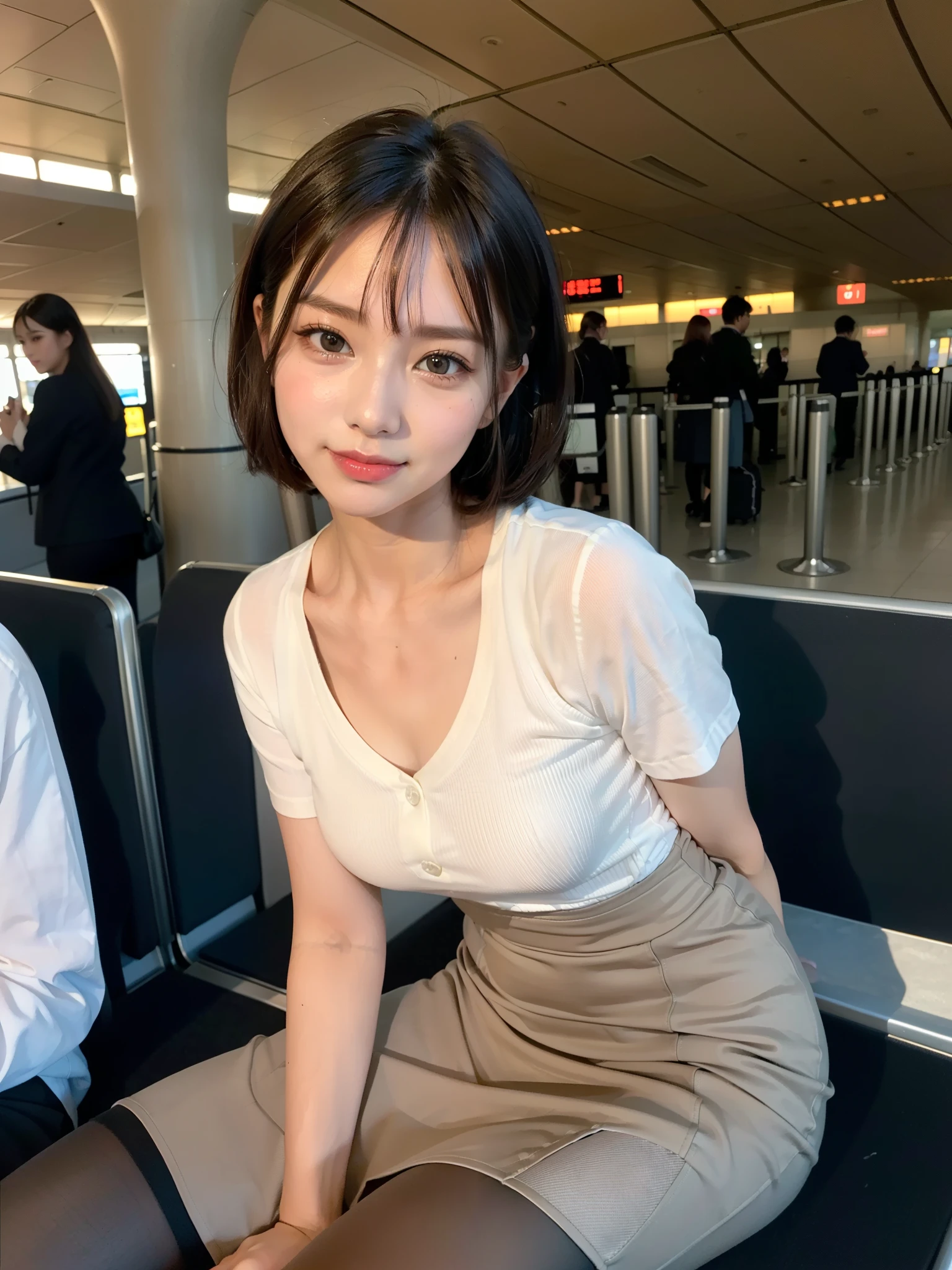 ((Best of the highest quality, 8k, Masterpiece: 1.3, raw photo)), Sharp focus: 1.2, (1 AESPA girl: 1.1), (Solo: 1.18), (realistic, photo-realistic:1.37), face focus, cute face, finely eyes, (Small , flat chest, Thigh: 1.3), (full nude, nsilk camisole: 1.4), short messy hair, updo, (sitting on bed, airport, terminal: 1.32)