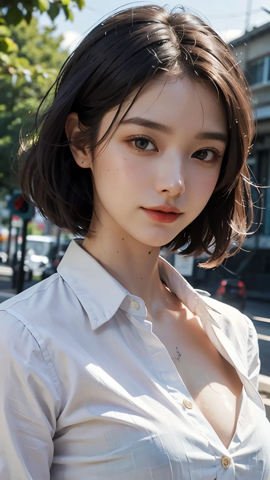 (beste-Qualit、in 8K、шедевр)、(the best illustration)、an extremely delicate and beautiful、Unity、Amazingly fine detail、superhighresolution、extra detailed face、Superbly detailed eyes、(Best Shadows:1.1)、(photo realistic1.3)、Realistic facial proportions、a handsome female、独奏、OL、(tetas grandes:1.5)、Slimed、smiling at the viewer、(suits:1.2)、(Camisa blanca:1.5)、(Unbuttoned shirt:1.1)、(makeups:0.4)、Dark brown hair、Short Bob、(irregular skin imperfections、veiny、Wrinkled pores on the skin:1.1)、(bokeh dof:1.4)、cow-boy shot、a park、Sunnyday