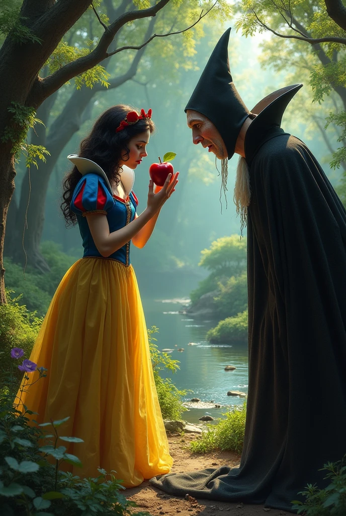 The evil queen, disguised as an old woman, holding out a shiny, red apple. Snow White reaches for it, unaware of the danger. The scene is tense, with dark clouds gathering in the background.