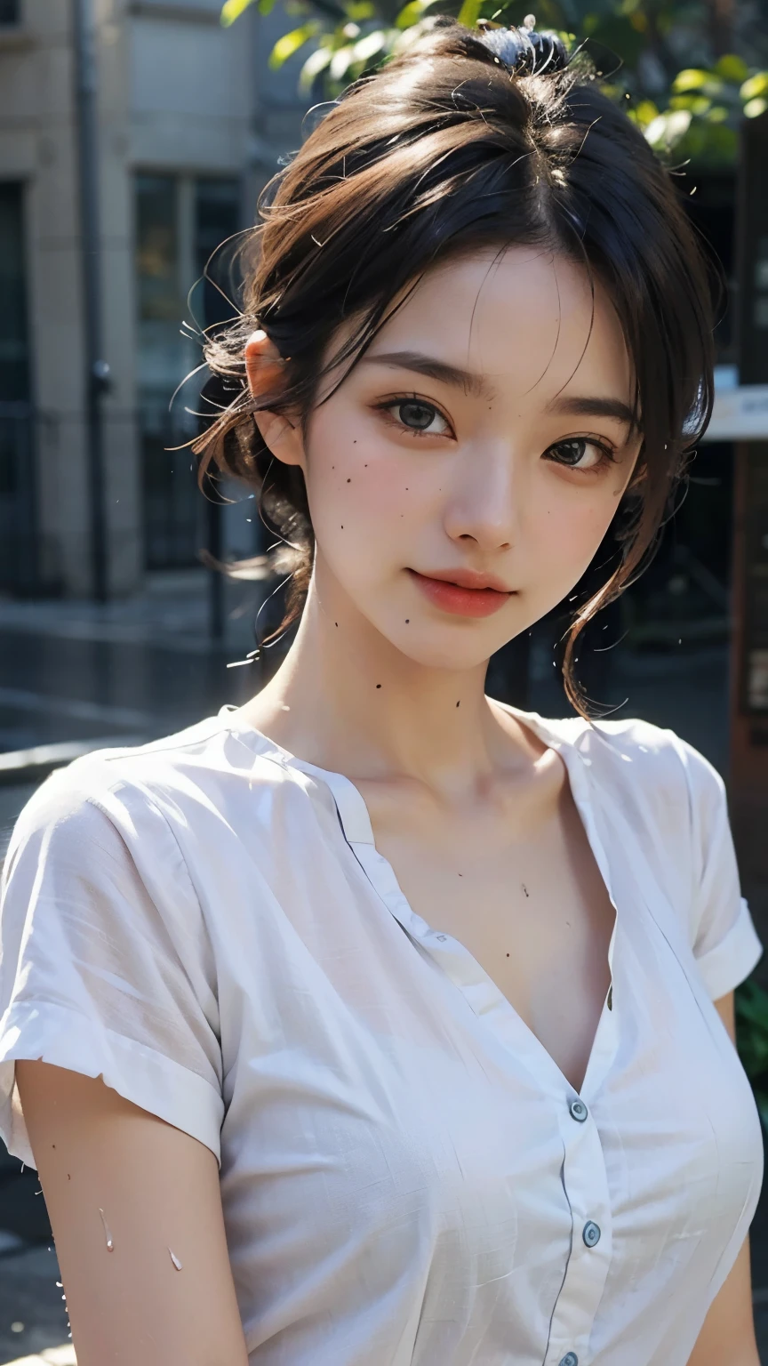 (Buttons that match the length of the shirt: 1.2), (Unbuttoned shirt: 1.1), The chest is visible,highest quality, masterpiece, figure, Very delicate and beautiful, Very detailed, CG, Unity, 8k wallpaper, wonderful, The finer details, Very detailedな CG Unity 8k 壁紙, Large file size, Very detailed, High resolution, Handsome detailed woman, Very detailedな目と顔, Stunning eye for detail, Face Light, (best figure: 1.1), (Best Shadow: 1.1), ultra High resolution, (Realistic: 1.1), (Realistic 1.2: 1.1), Realistic Face Proportions, slim, smile, (compensate: 0.4), (fluffy Iris: 1.21), Iris, Viewer's gaze, Dark brown hair, Bob Hair, Earrings, Cowboy Shot, (Irregular skin defects, vein, Wrinkles on the skin: pores: 1.2), (Dark Night Background: 1.2), (Bokeh: 1.4), shade, Outdoor