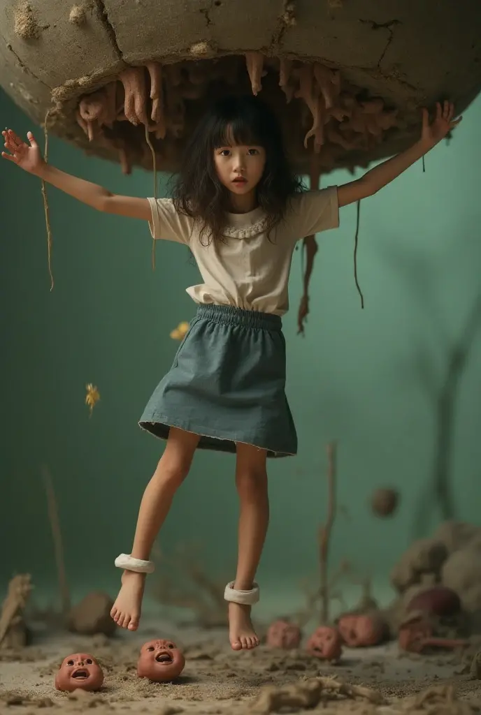 A cute little girl in a dress standing under a big tree
