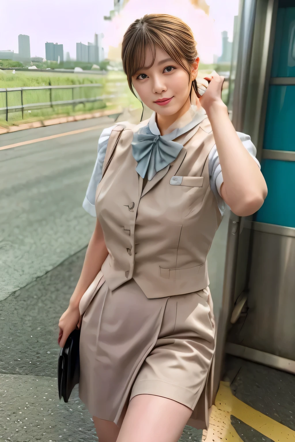 (masterpiece:1.2, Best Quality:1.2), 32kHDR, Hi-Res, (alone、1 girl)、(Rooftop of a building during the day、professional lighting)、Building rooftop background、(JR WOMAN TRAIN CREW UNIFORM BEIGE REAL STYLE)、((JR Woman Train Crew Uniform Beige Light Blue Blouse Short Sleeve 、 Knee-length culottes skirt、 beige vest、 scarf))、dark brown hair、(long hair、 with hair tied up、 with hair tied up)、dark brown hair、Long Hit、Big Breasts、 Read more、(( amazing hands:2.0)),((A harmonious body shape:1.5)),((Normal limbs:2.0)),((Usually refers to:2.0)),(( Delicate Eyes:2.0)),((Normal eyes:2.0)))、smile、(JR Woman Train crew uniform beigeのKnee-length culottes skirtを見せた美しい立ち姿)、Hands clasped underneath