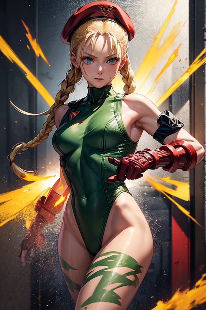 masterpiece, 4K, expensively detailed, Cammy de Street fighter, Looking into the camera, blue eyes, Platinum blonde hair in long pigtails、Small bangs that fall on the forehead。, Titis is cute, Cammy, ((scar on his left cheek)), 軍人に扮した美しいwoman ((Green thong class leotard with a delta red triangle on the left breast)), ((Military Tactical Strela)), (((He is wearing a red military beret on his head.))), Black combat boots and red gauntlets, (His legs are sparsely painted with green camouflage..), Clear bust portrait, Smile at the audience, Extensive detailed information, (Every pixel counts、Draw the most beautiful and detailed art possible:1.1), Analog Style, Bright colors, Symmetric, In the center, close, woman, Physical ability, fit, Tight waist, expensive, Sunburned skin, [(Colorful explosion psychedelic paint colors:1.1)::0.125], Realist body proportions, Realist, photo-Realist, 8K, expensively detailed, LED Light, Laser light,fruit flavored, (Pit Baby:0.5), Shiny,Anatomically correct, Symmetrical anatomy