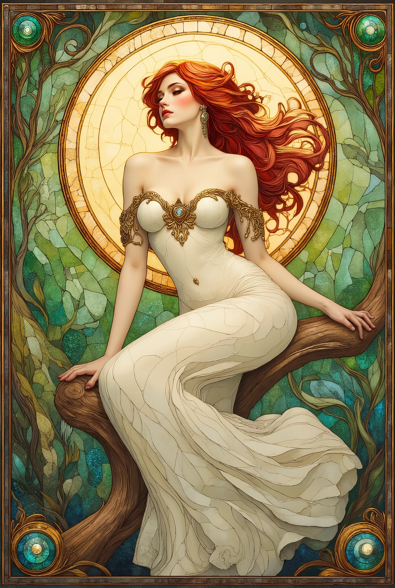 an illustration in art nouveau style by Alphonse Mucha of a solitary maiden with flowing hair sitting on a curved tree branch, wearing an ivory gown that reveals her shoulders and subtle cleavage, adorned with ornate jewelry and earrings, emerald decorative swirls and floral motifs encircling her form, a crescent moon illuminating the scene, with warm golden lighting and an enchanted forest atmosphere --v 5 --stylize 1000