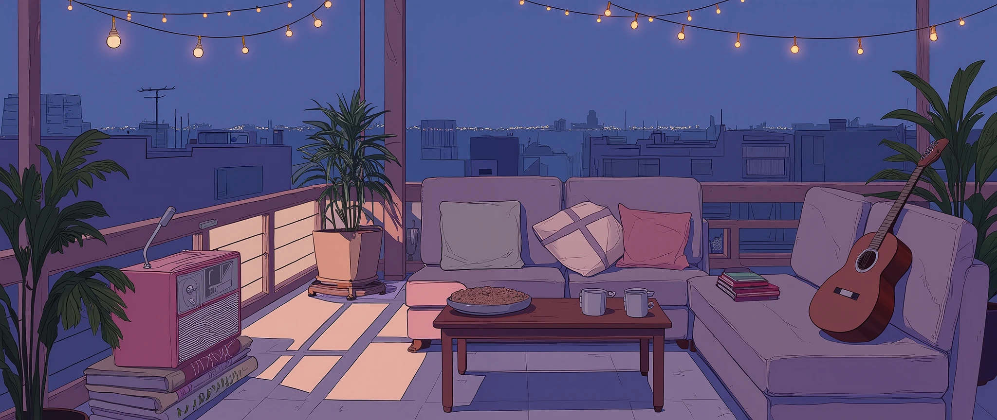 Rooftop at night、nighttime scene、outside of house、with no people、Calm and meditative atmosphere、houseplant、Lo-fi atmosphere、String Light、Cozy sofa、Pink radio with retro design、Hot coffee on the coffee table、Warm blanket、 books、There is an acoustic guitar、