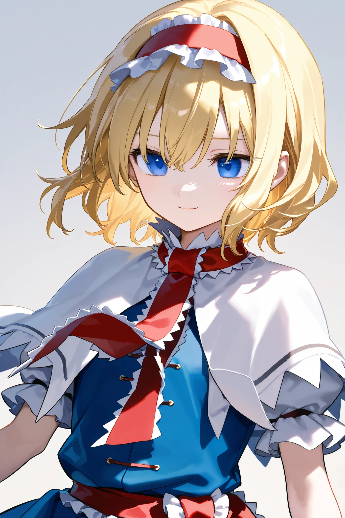 1girl ,AliCen 、simple background、in front、
alice margatroid, medium hair, blonde hair, blue eyes, ,red hairband, ta hairband, frilled hairband,
white capelet, blue dress, frilled dress, frilled ascot, red ascot, puffy short sleeves, brown footwear, cross-laced footwear, boots,(upper body close-up:1.4)、Close Your Mouth、smiles、、Beautiful eyes、 wink、Trigger words Read the introduction