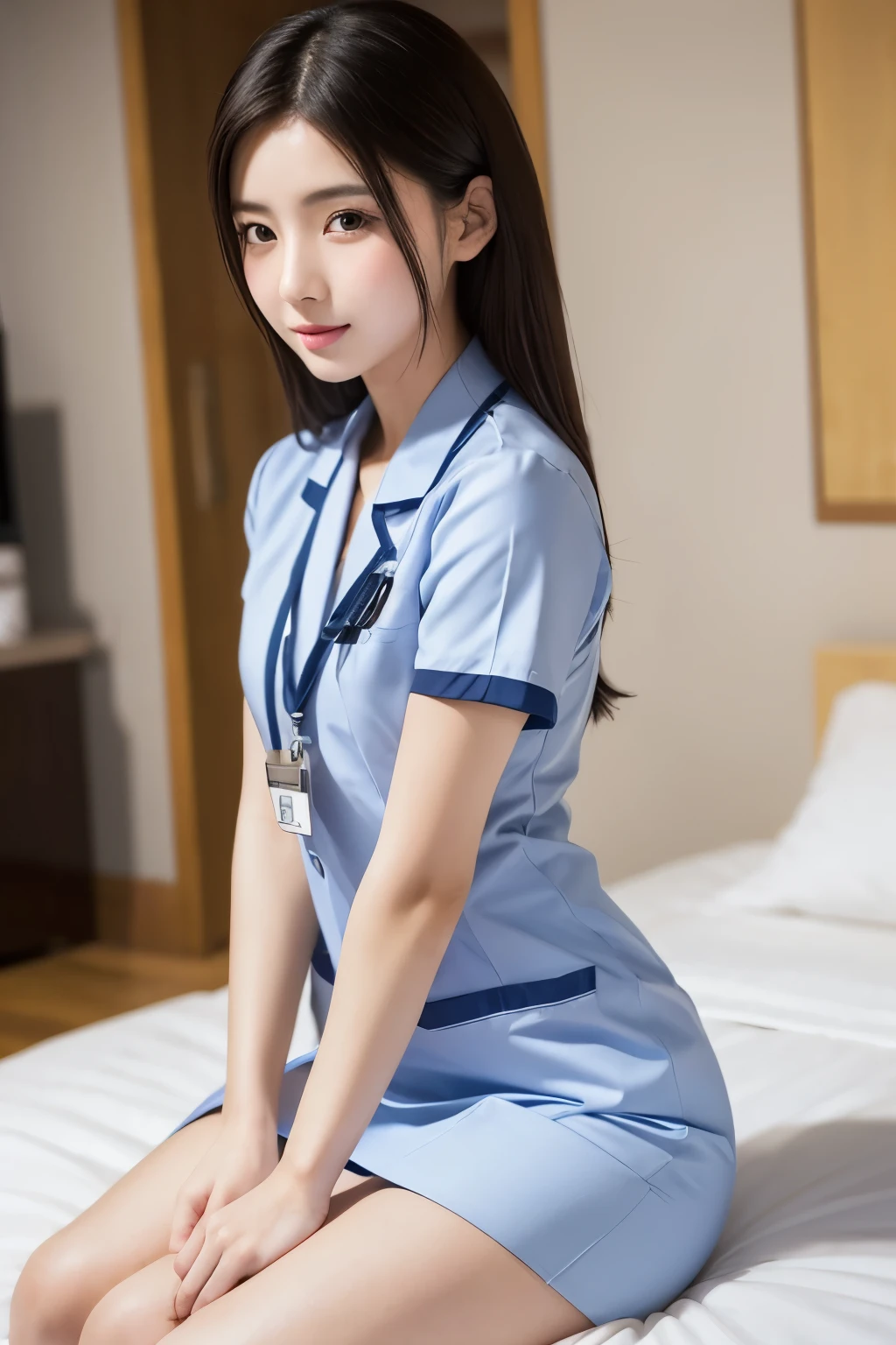 1 girl, alone, Chest, looking at the audience, Smile, clavicle, spread legs, camel toe, thigh, calf, foot, nurse uniform, nurse cap, white, indoor, OK, lace, underwear