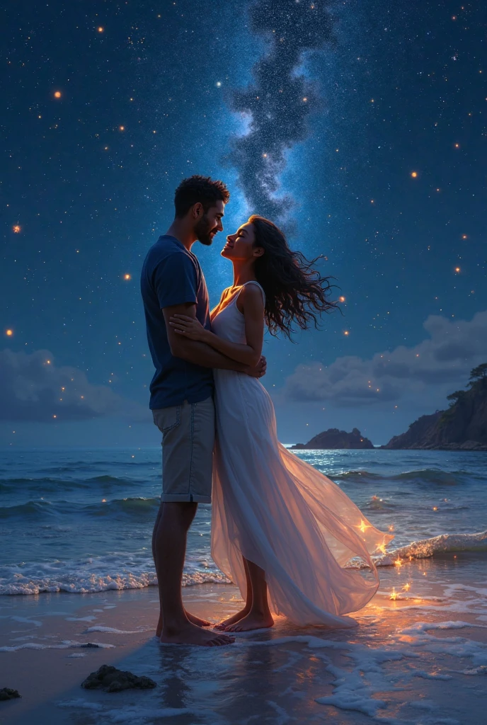 k hd,beachside,starrysky,A huge tree,There are two people hugging each other underneath