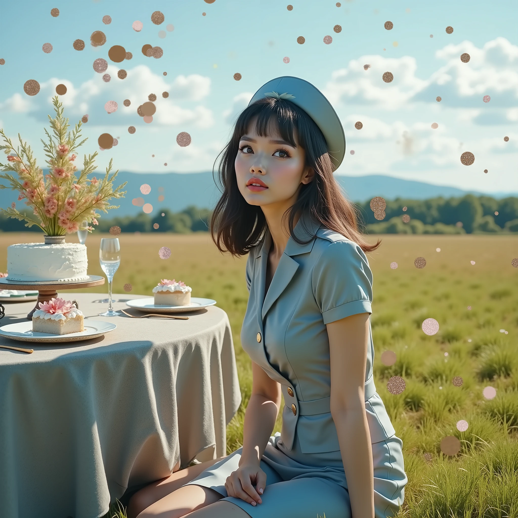 ((RAW photo), absurd, (absurdresolution)), masterpiece, best quality, (best shadow), beautiful detailed glow, hyperrealism, (Scandinavian girl, black eyebrows), (realistic pupil, pearl grey) ((looking at the sky, sitting on the floor)), (attractive young lady), (dressed as a stewardess, white color), (metallic glitter confetti on the grass), (tablecloth, sliced cake, flowers), ((Aerial perspective)). «SunPuma S»