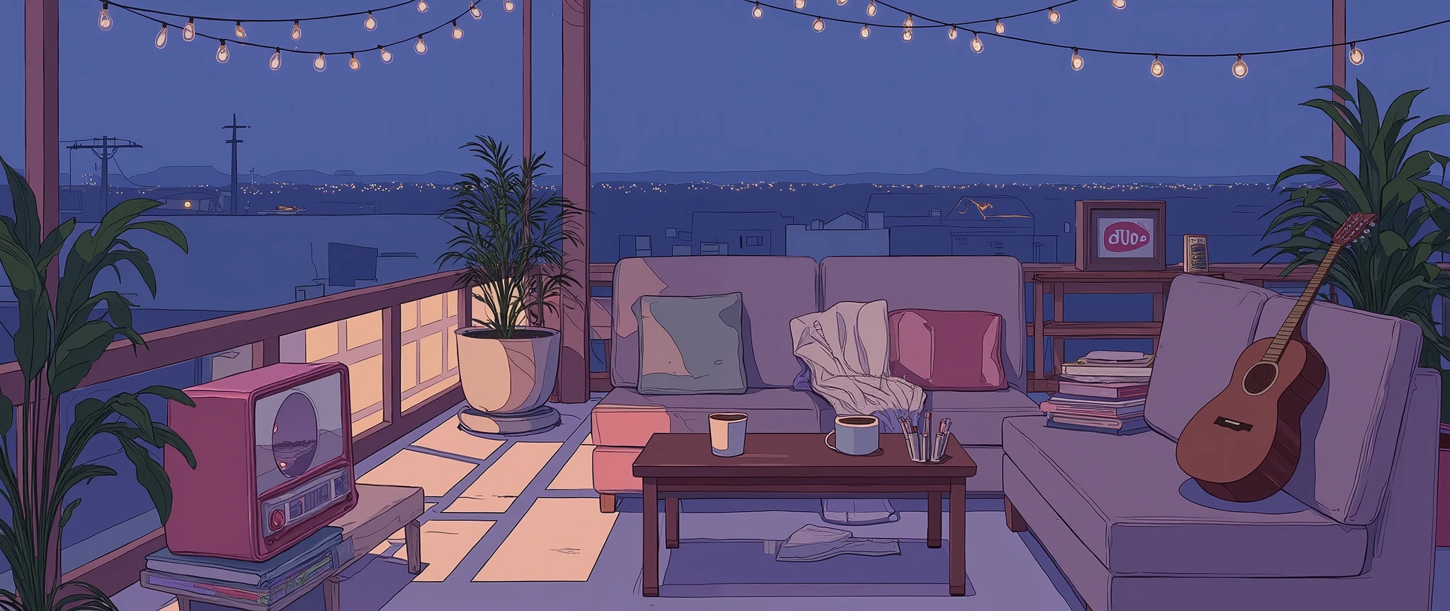 Rooftop at night、nighttime scene、outside of house、with no people、Calm and meditative atmosphere、houseplant、Lo-fi atmosphere、String Light、Cozy sofa、Pink radio with retro design、Hot coffee on the coffee table、Warm blanket、 books、There is an acoustic guitar、