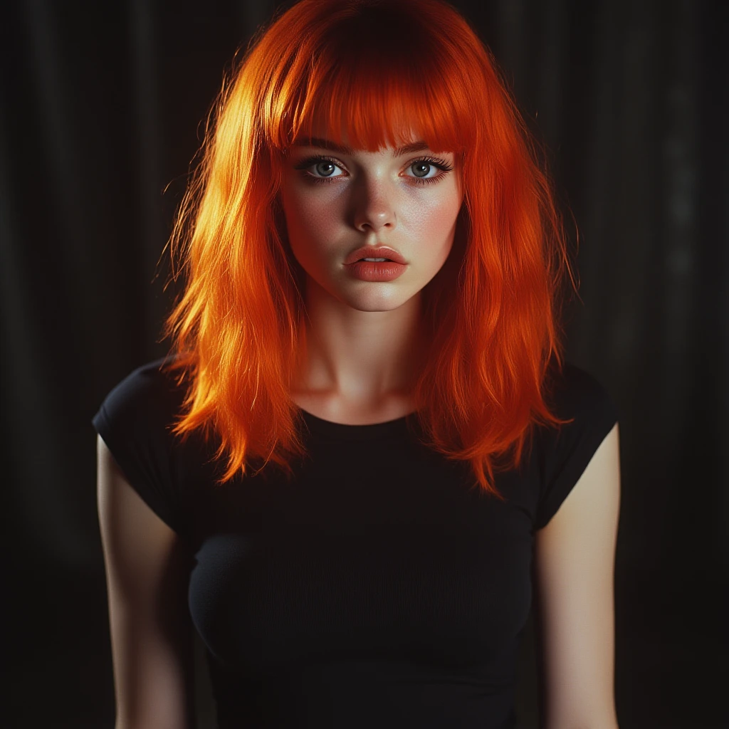 foto realistic 4k, SELFIE beautiful 20-year-old Russian woman, ORANGE hair with LONG bangs, white porcelain skin ,shiny skin, bushy eyebrows, soft lips.She has a BLACK t-shirt that fits her figure, The night light illuminates her face, THE LIGHT shines on your body, glow, glowy. unreal Mawha. Hypnotic and serious look, linda, She looks elegant and sophisticated like a GODDESS. slender figure, small, firm breasts. digital art, HD quality. realistic