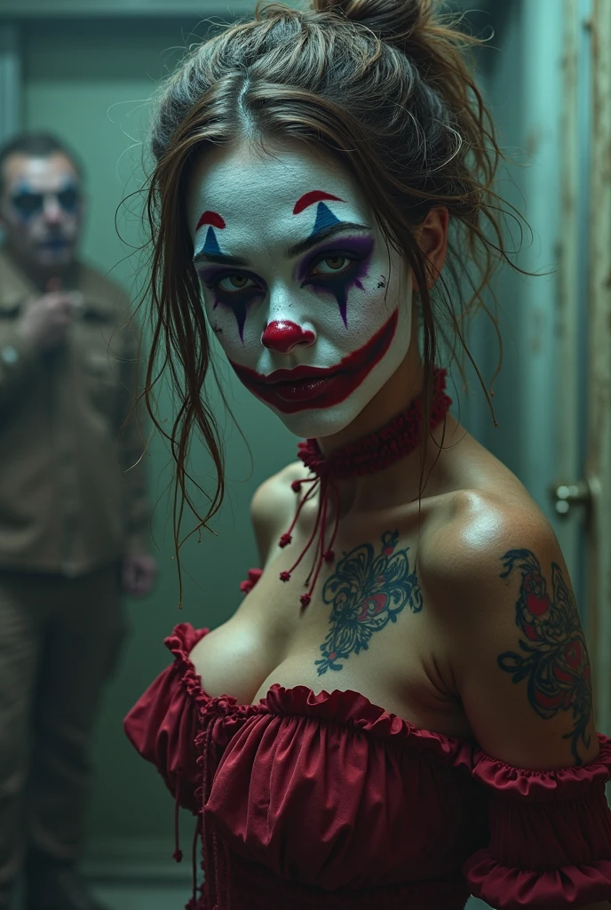 Create a hyper detailed photograph of a Beetlejuice tattooed young sexy Lydia Deetz, Stunningly perfect gorgeous face, perfect makeup, detailed vibrant eyes, long hair, beautiful perfect, perfect beautiful perfect arms, realistic torso, detailed silky smooth skin, big breast, perfect round ass, Beetlejuice sexy seductive lace thong, back to camera looking forward,