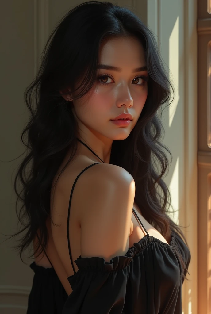 Best portrait photography, RAW photo, 8K UHD, film grain, cinematic lighting, elegant 1girl, (natural skin texture), natural pose, embellishments, cinematic texture, 35mm lens, shallow depth of field, silky long hair, small breast, sexy pose, full body pose, small waist,