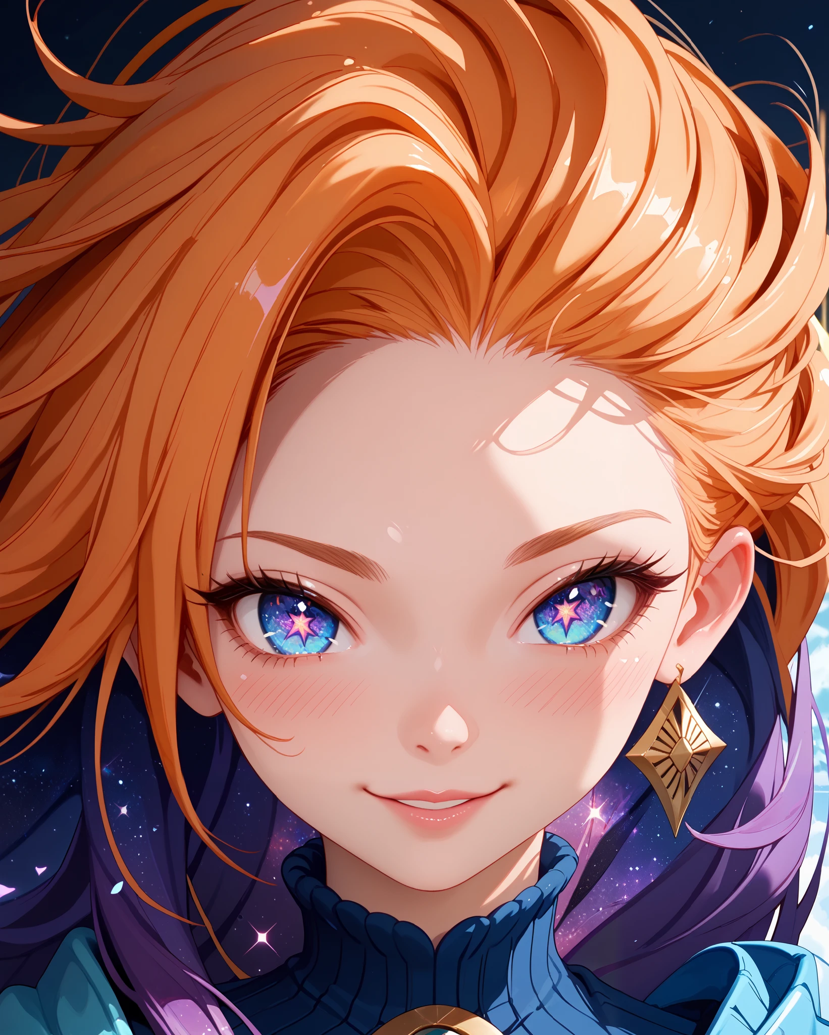 Score_9, Score_8_up, Score_7_up, Score_6_up, Score_5_up, Score_4_up, Tag1, Tag2, Quality_masterpiece, Absurd res, Anatomically correct, Beautiful face, Perfect face, Highly detailed beautiful face and eyes, Attractive face, Detailed face, Delicate facial features,high detail face, Detailed skin, hyper realistic ,high definition detail, Amazing work , wallpaper, screencap, masterpiece, high resolution, best quality ,8k ( Zoe from League ) (Orange Hair) (Purple hair) (Aquamarine clothes) (blue clothes) (long hair) (blue eye) (purple eye) (without boots) (red nails) (love blush:1.8 big ass, galaxy eyes, perverted smile , torn suit, 1 girl, alone}, close-up, Near distance, love blush