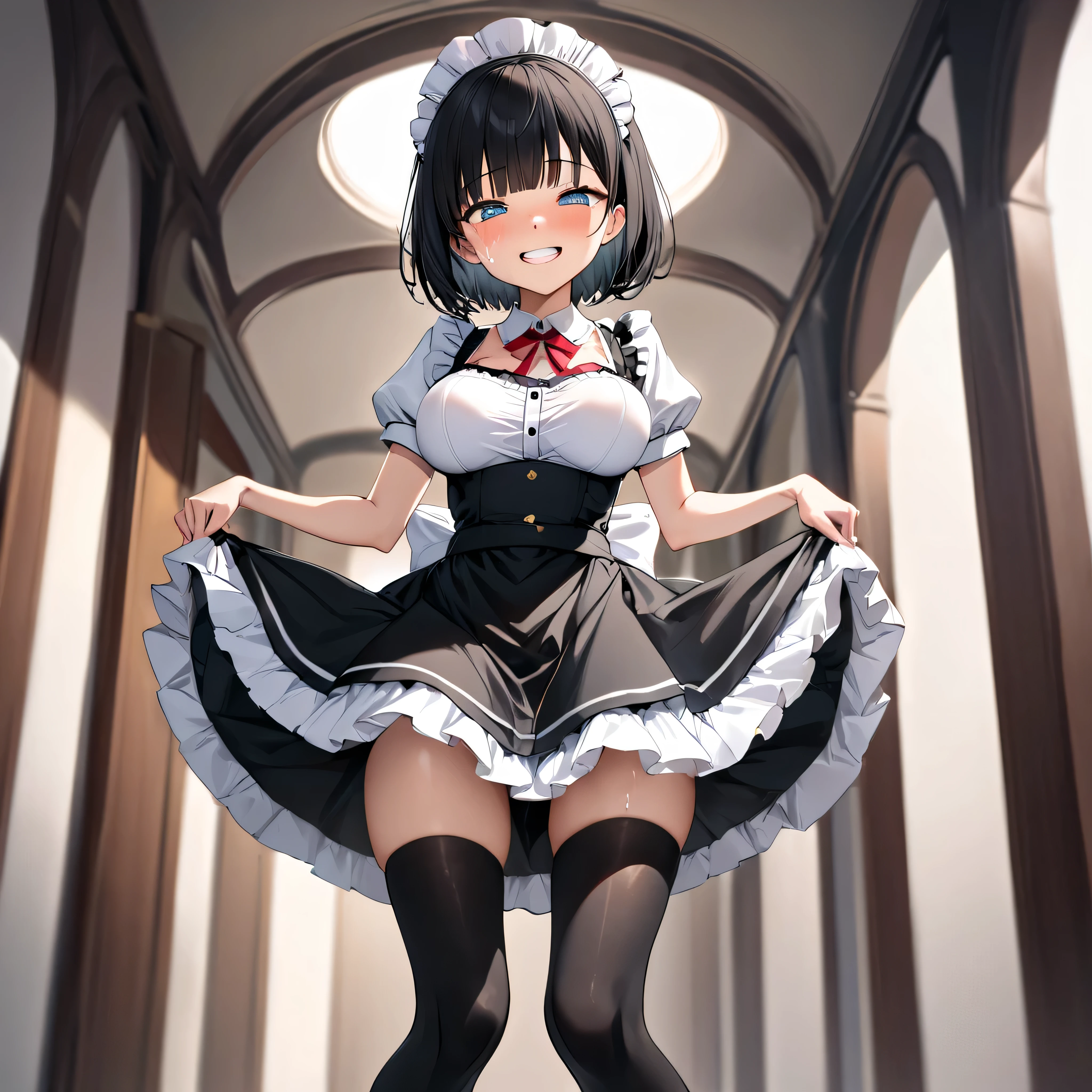 masterpiece, (longtorso_v0.63_pony), skirt hold bowing, BREAK, solo, 1 skinny girl standing at round hallway alone, (curtsey:1.1), (closing elbows:1.2), elbows on waist, looking at viewer, forced smile, tears, BREAK, black bob cut, blunt bangs, (bouncing huge breasts), bursting huge breasts, narrow shoulders, (too short torso), too short waist, skinny narrow waist, (long skinny legs), (skinny thighs), BREAK, (maid dress), (too short skirt), (lift own skirt up), thigh gap, (inky-black thighhighs), BREAK, nsfw, squirting pussy juice, orgasm, coverd erectile nipples, coverd nipples
