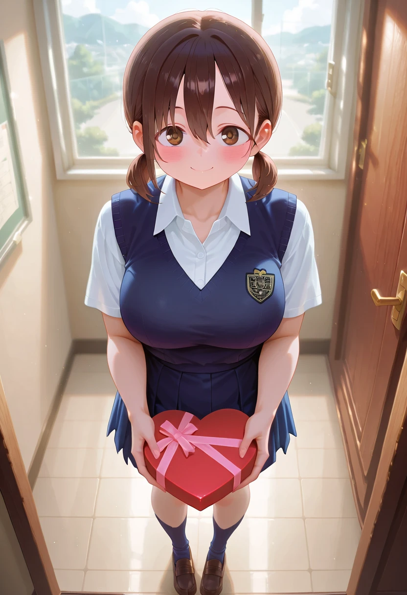 honoka hara, Boku no Kokoro no Yabai Yatsu, full body, looking at viewer, full school uniform,socks, navy blue school vest, in the school,
CINEMA Quality, hyper-detailed anime style, hyper-detailed lighting, best quality, very aesthetic,
,honoka hara, short hair, brown hair, hair between eyes, twintails, brown eyes, low twintails, short twintails, plump,happy valentine day, solo, valentine, chocolate, heart-shaped box, holding gift,((4k,8k,Ultra HD)),((Masterpiece :1.2)),((Best quality :1.2)),((Detailed :1.5)),((Detailed background :1.5))