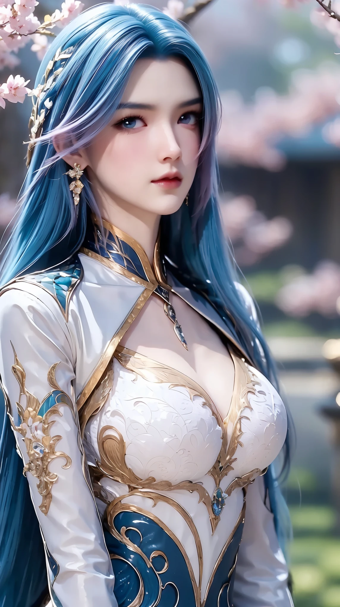 (Best quality, High resolution, Masterpiece :1.3), A tall and pretty woman, Slender abs, Pink brown hair styled in loose waves, Breasts, Wearing pendant, nude, Details exquisitely rendered in the face and skin texture, Detailed eyes, Double eyelid, 1girl, solo, blue hair, wearing black blue and white clothes, brown eyes, looking at the viewer, lips, turn to face, closed mouth, earrings, long sleeves, river, Sakura tree behind,