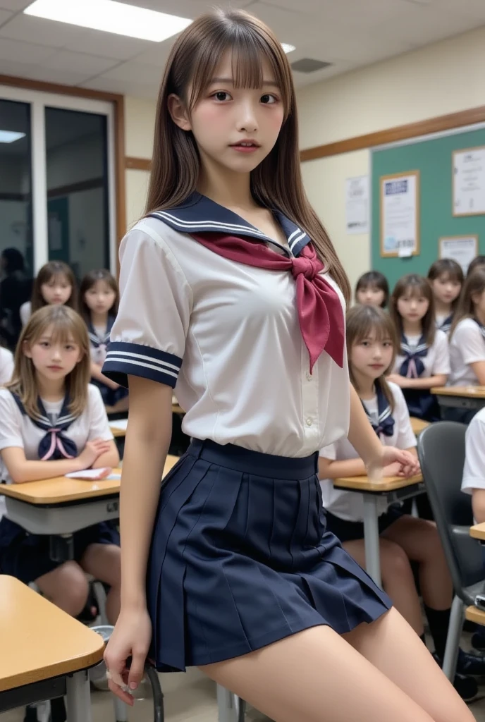 ((masterpiece)), (16K resolution),(RAW photo),(highest quality:1.5), (ultra high resolution:1.6), single lens reflex digital camera,extremely sharp focus,Completely naked,
(Photorealistic),Image clarification,(13 year old cute girl), baby face, Round face and small face,(nsfw:1.3),Very detailed high-level Japanese beautiful girl,highly detailed face,perfect anatomy,(Very seductive appearance),(Moist and shining eyes), squatting,
(spread legs:1.1),(open legs wide:1.1),
 (up skirt:1.3),(panty lift:1.2),(show off vagina:1.4),real human skin,  (Angle from the front),  short skirt, Japanese high school girl uniform, sailor suit, whole body,embarrassed,looking at the viewer,(Random hairstyle :1.2),In a corner of a shopping mall,Open your arms.Flip up a miniskirt
