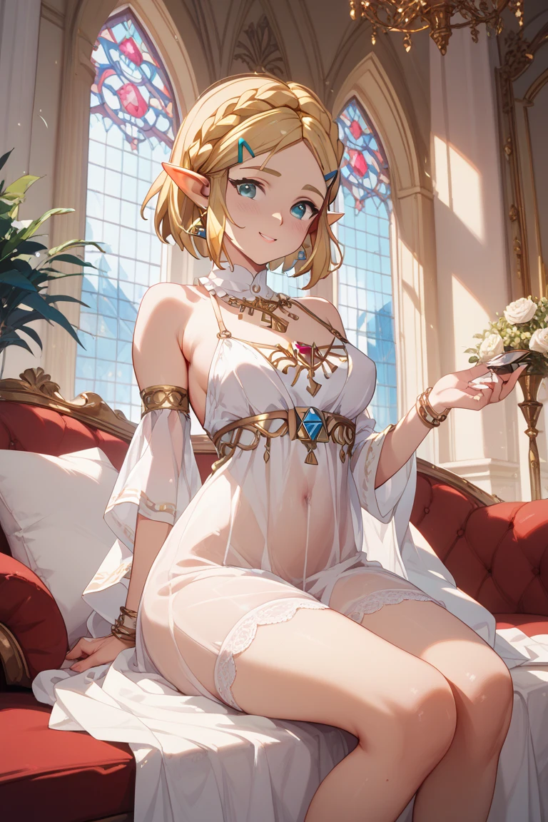 Zelda, Green Eyes, short hair, Braiding, One Girl, alone, Perfect breasts, ,Earrings Shiny Lips ,Show Viewer, blush, Big Breasts, long white elbow satin gloves, Holding,  jewelry, very, Gentle smile earrings,  Fake long white elbow gloves,Wedding dress,whole body,Knee-high socks、Estrus、vapor、Sweat、Wet
