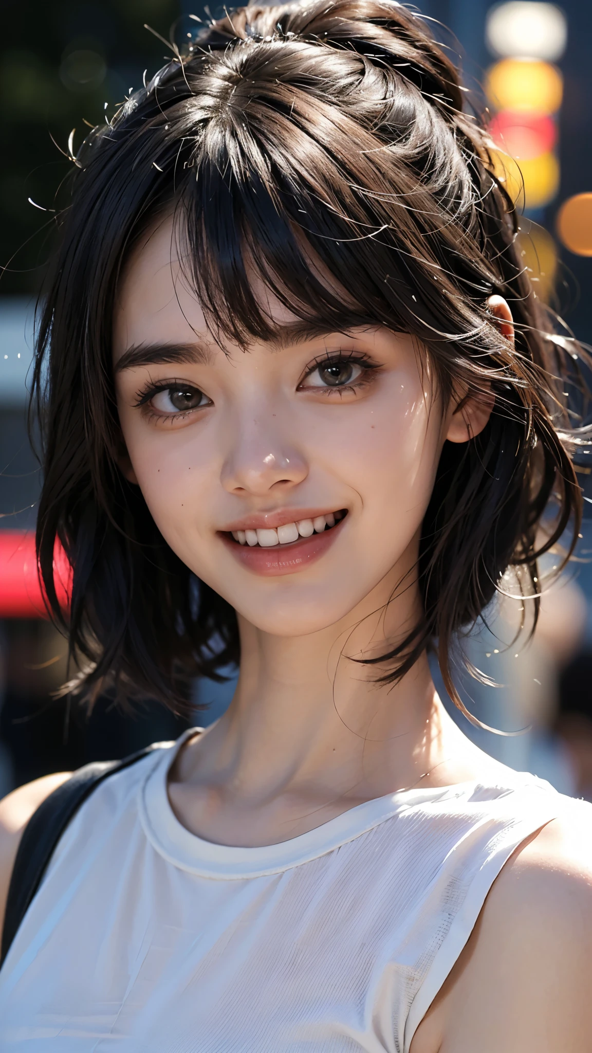 cute 26 year old,1 girl,slim face ,8K,Super realistic image quality,dynamic shadow,sparkling eyes,clear black eyes,movie theater lighting,dark back alley,night,Darkness of the city,suit, ((face close up:1.5)),((A smile showing white teeth)),((Open mouth and smile happily)),((maroon short hair)),((very short bangs)),close, 8K, Raw photo, highest quality, masterpiece,realistic, photo-realistic,