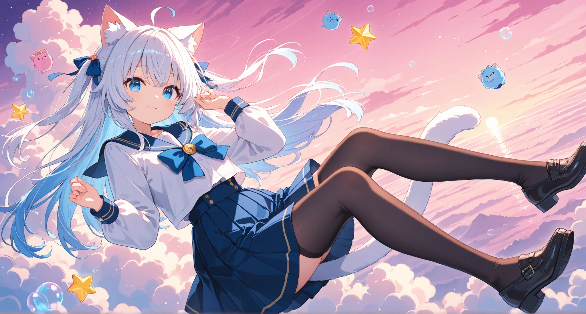 nekomiya mana girl cat long bluish white hair tufts of blue hair sky blue eyes pretty girl,A classic hybrid school uniform that fuses the Japanese Seifuku with an elegant western school uniform. The upper part maintains the iconic sailor collar of the seifuku, with a bow on the chest, but the blouse is more structured, similar to a shirt in a Western uniform, with buttons on the front and slightly puffed sleeves with tight cuffs. The skirt is a combination between the pleated Seifuku skirt and a more formal Western uniform skirt, with well-defined pleats and a slightly longer, tighter design. Se complement knee-length stockings and patent leather shoes with buckle, evoking the western style. The colors can be navy blue with details in white and, maintaining a balance between both influences.
The background is vibrant and kawaii, gold with soft pastel tones that create a warm and welcoming atmosphere. Fluffy clouds float in a pink sky with shades of lilac, while small flashes of light and bubbles add a magical touch. There are also details such as hearts, stars and small bunnies or plush kittens in the background, reinforcing the adorable and dreamy aesthetic that perfectly complements the uniform."*
perfect anatomy