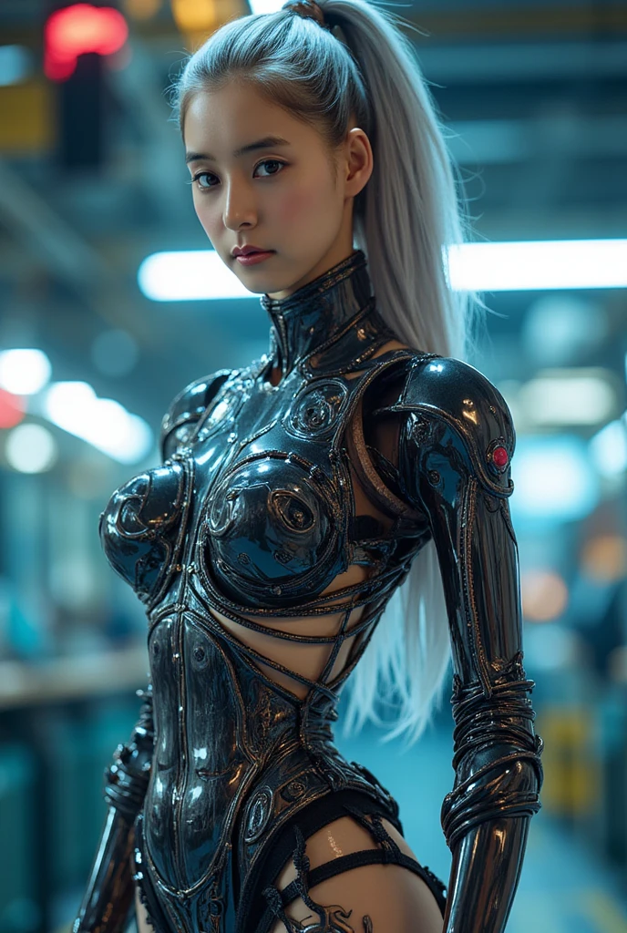 Beautiful Face,face is Japan, 1 Woman, Big, Curvaceous, (16k, RAW photo, top quality, masterpiece: 1.2), (HDR, Realistic, Photorealistic: 1.37) (tube attached to the body), (Bikini Cyborg robot parts)))), (light gray hair), Long hair, Wavy hair, Twin tails, Medium shot, ( Seductive smile)), (black eyes), double eyelids, princess cut, from below, (whole body),posing,,in the lab,( tube connected to blood vessel),((mechanical vertebrae attached to the back)),((mechanical neck attached to the neck)),(wire and cable attached to head and body),(character focus),science fiction,perfect female figure,perfect anatomy, hyperanatomy, full body shot, relationship between up to 4 fingers and 1 thumb, spherical joint,