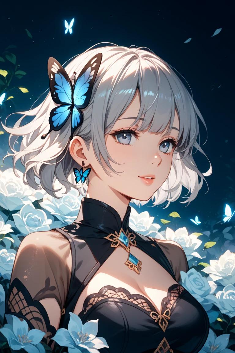 masterpiece, best quality, absurdres, upper body, short hair, white hair, (butterfly_top:0.8), edgCrystal, lingerie made of crystal, butterfly design embroidery, 1girl, solo, looking at viewer, bright background, <lora:edgCrystalButterflyv1:1>