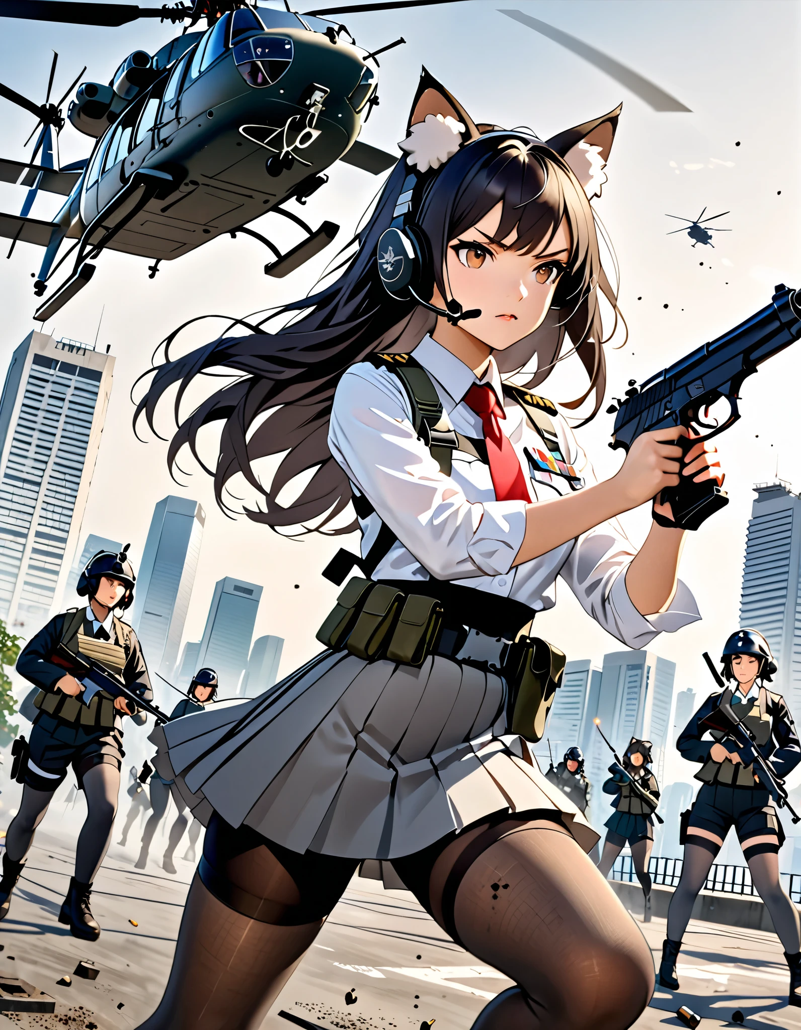 (masterpiece), (best quality), (high res), high details, 4k, 8k, solo focus, 1girl, female samurai, Japanese military officer, (cat ears:1.1, animal ears, fluffy ears:1.2), college-aged female, long hair, black hair, tactical headset, hair ornament, white-collared shirt, red necktie, shoulder holster, full dark grey tights, light grey skirt, pleated skirt, black shorts, biker shorts, (ankle-high high heel boots), (dual wielding beretta 92fs pistols), aggressive battle stance, Tokyo skyline, wharf, (a military helicopter hovering above:1.2), concrete ground riddle with bullet holes, dutch angle, intense atmosphere, intense expression. Action shot. (fix hands:1.2).