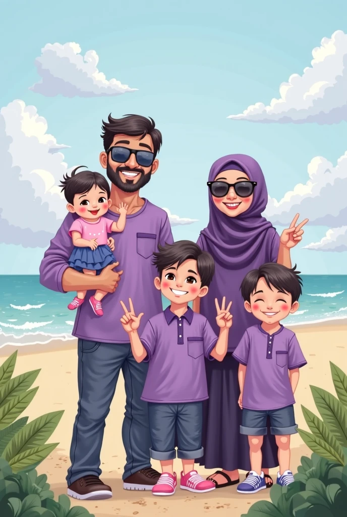 Amal hijab + yacine barbe casquette couple algeriens muslim + 2 enfants garcon 2 et 5 ans plage style anime