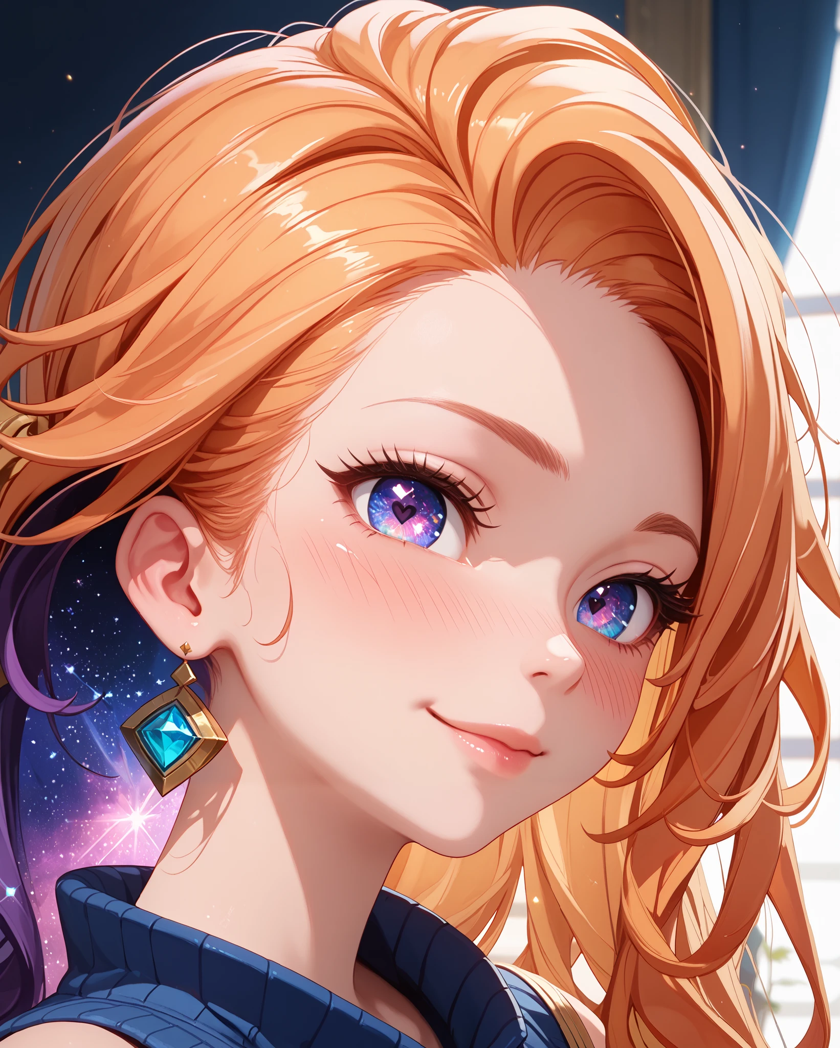 Score_9, Score_8_up, Score_7_up, Score_6_up, Score_5_up, Score_4_up, Tag1, Tag2, Quality_masterpiece, Absurd res, Anatomically correct, Beautiful face, Perfect face, Highly detailed beautiful face and eyes, Attractive face, Detailed face, Delicate facial features,high detail face, Detailed skin, hyper realistic ,high definition detail, Amazing work , wallpaper, screencap, masterpiece, high resolution, best quality ,8k ( Zoe from League ) (Orange Hair) (Purple hair) (Aquamarine clothes) (blue clothes) (long hair) (blue eye) (purple eye) (without boots) (red nails) (love blush:1.8) big ass, galaxy eyes, perverted smile, 1 girl, alone}, close-up, Near distance,side view,