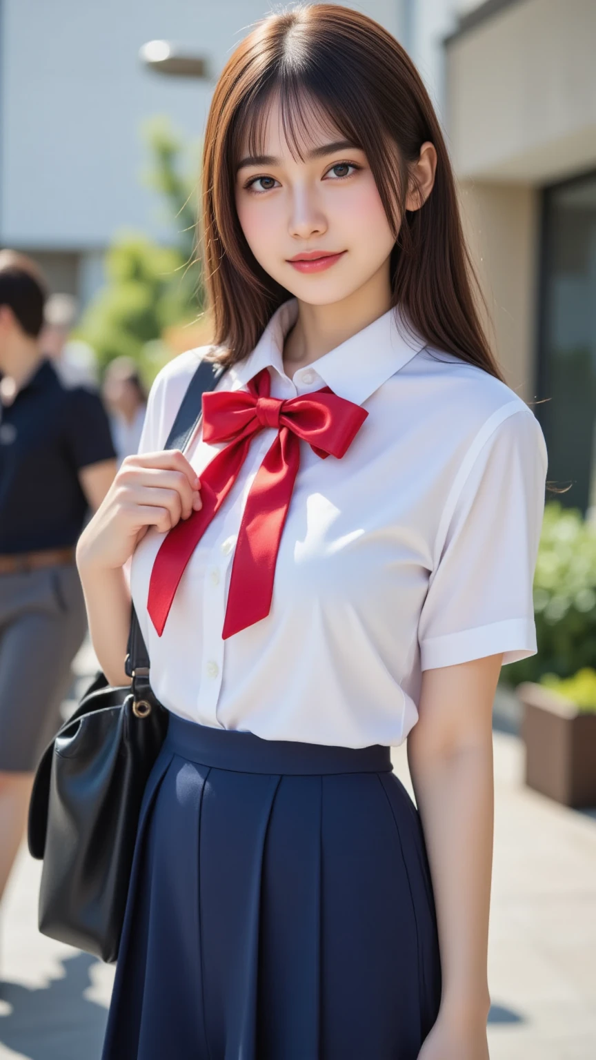 ung girl, extremely beautiful, (extremely cute), (highly detailed eyes, highly detailed hair, highly detailed face), sexy face, smile happily, Bangs, (High school uniform, Pleated mini skirt:1.2), (High school uniform wide open breasts), ((short hair)), extremely detailed CG unified 8k wallpaper, Highly detailed, High-definition raw color photos, Professional Photography, Realistic portrait, Cinematic Light, (no panties:1.35), sitting, (spread legs wide open), outdoors, benches, parks, fountains, drinks, (((Bokeh))), depth of fields,