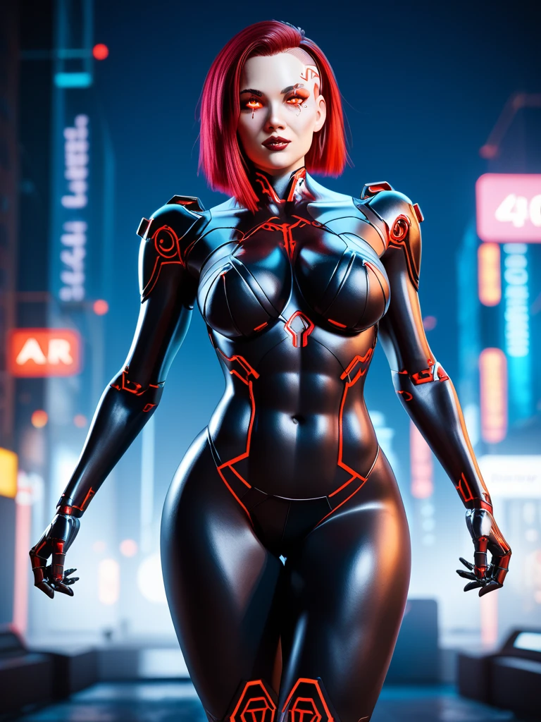 Robot Woman, Photo, aesthetics of the female body, cyberpunk, Face Robot, background factory, Stands tall, , confidence, red, big plan, cyborg, red глаз,