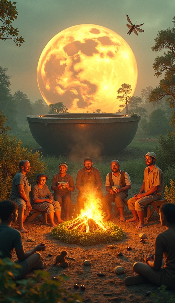 I need a photo of several Hindu men about 33 on a panoramic background of the planet Earth, one cooking on the floor, others pulling out teeth with their hands, others eating garbage, another azandonlo that looks like a smiling and very funny dog