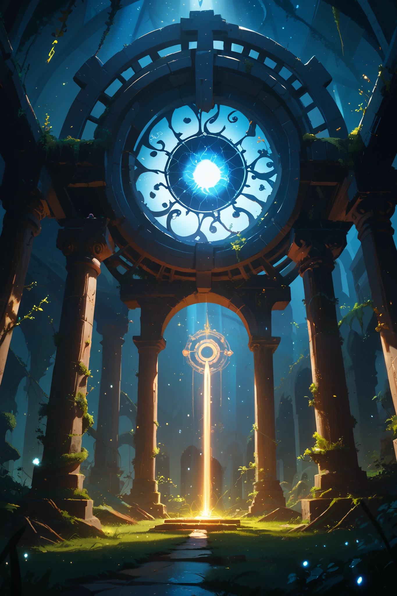 A glowing magical portal, swirling with radiant energy, suspended in mid-air, intricate arcane symbols glowing along its circular edges, a soft ethereal mist surrounding it, vibrant hues of blue, purple, and gold illuminating the scene, sparkling particles drifting in the air, an ancient stone archway partially covered in moss framing the portal, mysterious shadows and warm ambient lighting creating an enchanting and mystical atmosphere,