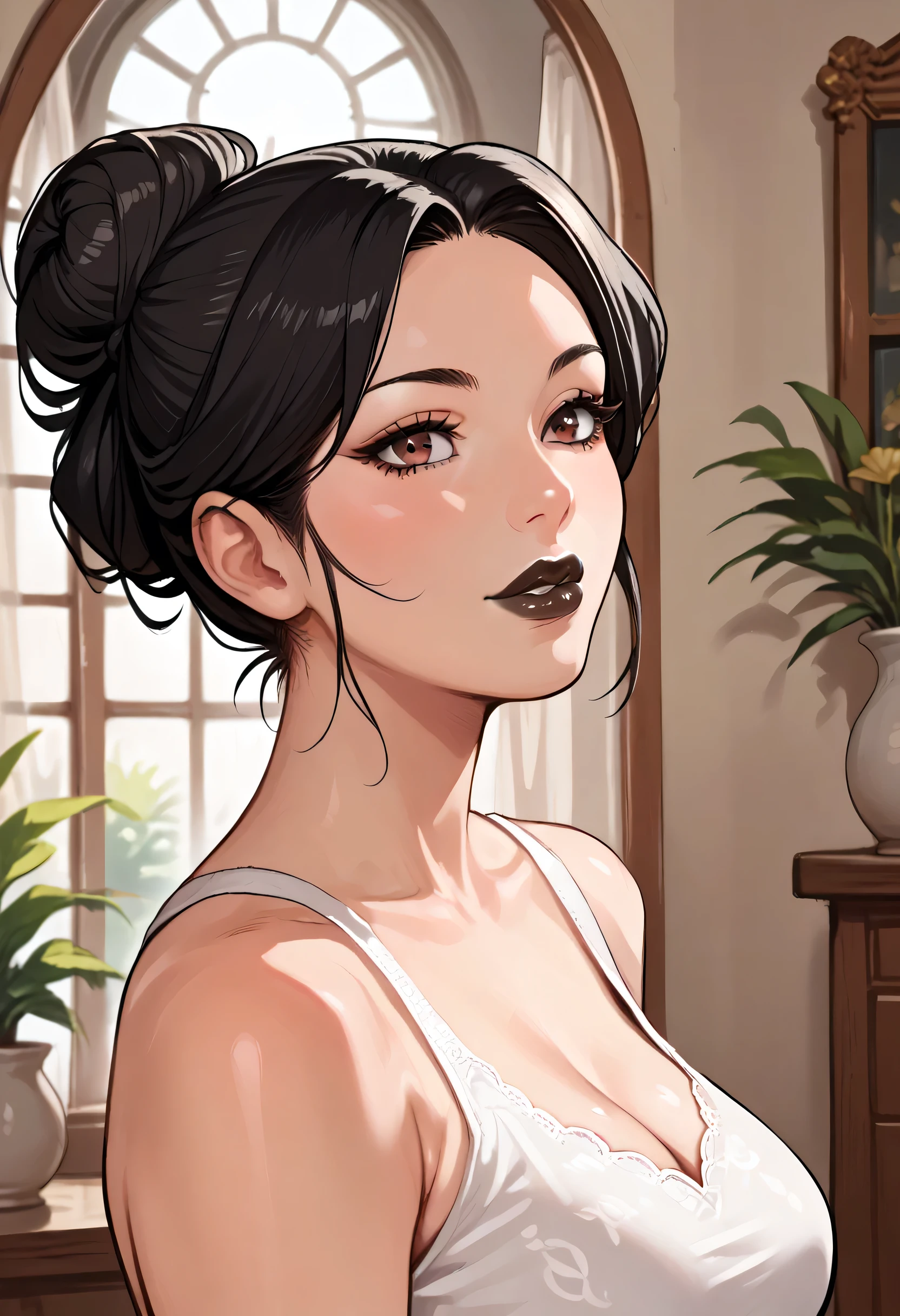 ((Perfect Face, Black Hair Bun, Brown Eyes, Black Thick Lips, Female Beautiful)), (Anime Girl, Illustration, Drawn, Portrait, Solo)