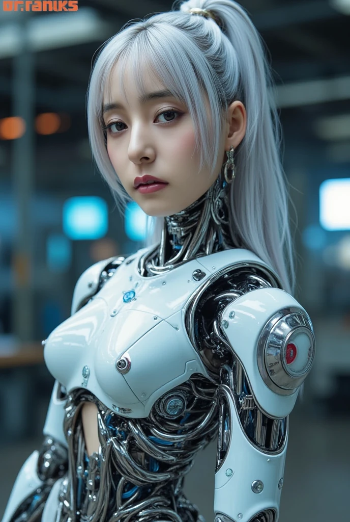 Beautiful Face,Face is Japanese,((1 female)), big, Curvaceous, (16k, RAW Photos, highest quality, masterpiece: 1.2), (HDR, Realistic, Realistic: 1.37), (Tube attached to the body), ((((Lace pattern bikini cyborg robot parts)))), (Light grey hair), Long Hair, Wavy Hair, Twin tails, Medium Shot, (Captivating smile)), (Iris), double eyelid, From below,((whole body)),Strike a Pose,In the lab,((Mechanical vertebrae attached to the back)),((Mechanical neck attached to the neck)),(Character Focus),SF,The perfect woman,完璧なanatomy, anatomy, whole bodyショット, Up to 4 fingers and 1 thumb,