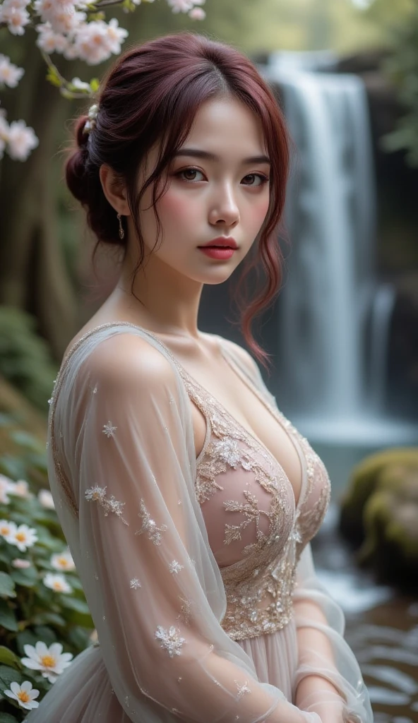 model sexy Korean female, detailed pores, glossy shiny skin, open rags, erected nipples, medium sagging breasts, ((open chest:1.5)), (pull open sagging breasts, nude showing a nipple), ((huge areolaes)), herry blossoms, light smile, balanced body, long hair, Milk-colored skin, seductive forward, all white clothes, torn clothes, ripped clothes, ((torn clothes)), score_9, score_8_up, score_7_up, nonsense, macro view, photorealism, white skin, (swollen nipple), plump nipple, huge bell shape breasts, fuzz of hair, close-up, wide angle, skin detail, wet, tan lines, glistening sweat, side view, dynamic lighting, dramatic lighting, pretty face, breastfeeding, cute couple (young toph, katara), 20 years old, girl, young, huge breasts, vagina. Carry one person, lift, grab legs, spread legs, (((perfect female body, narrow waist))),(large sagging breasts:2.0),